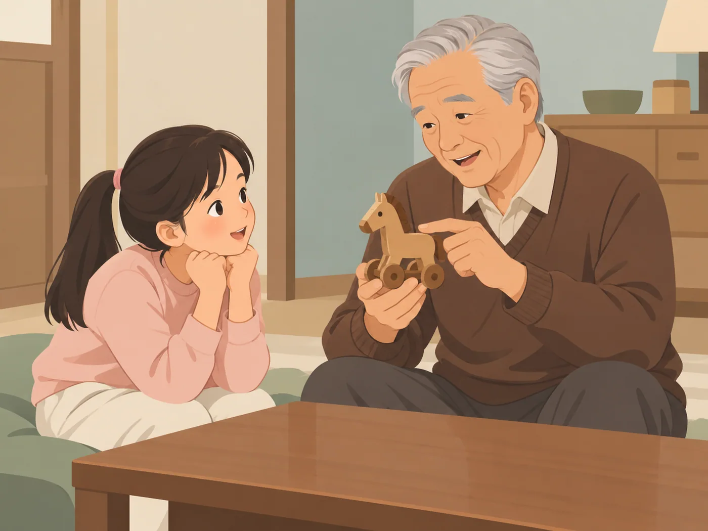 女孩双手托下巴看灰发年长男性，一手托带轮木马、另一手指木马，两人在矮桌旁坐着。