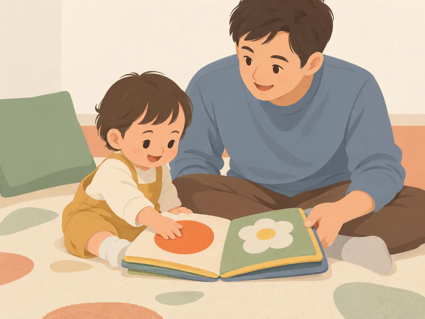 幼儿坐在软垫上,双手触碰大号布书中的橙色圆形和花朵图案