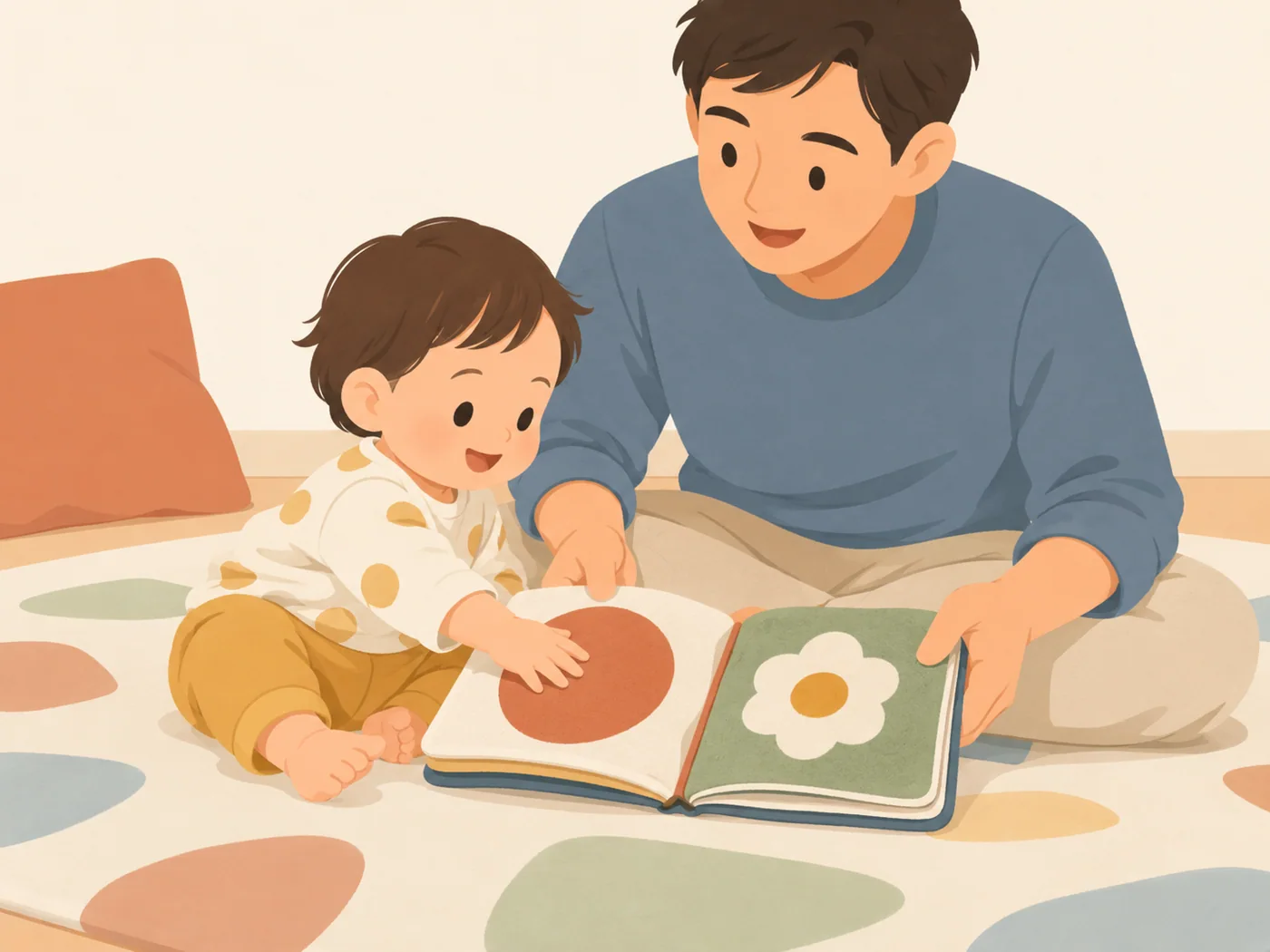 父亲和幼儿坐在软垫上，父亲双手拿着打开的硬页图画书，幼儿伸手触摸圆形图案。