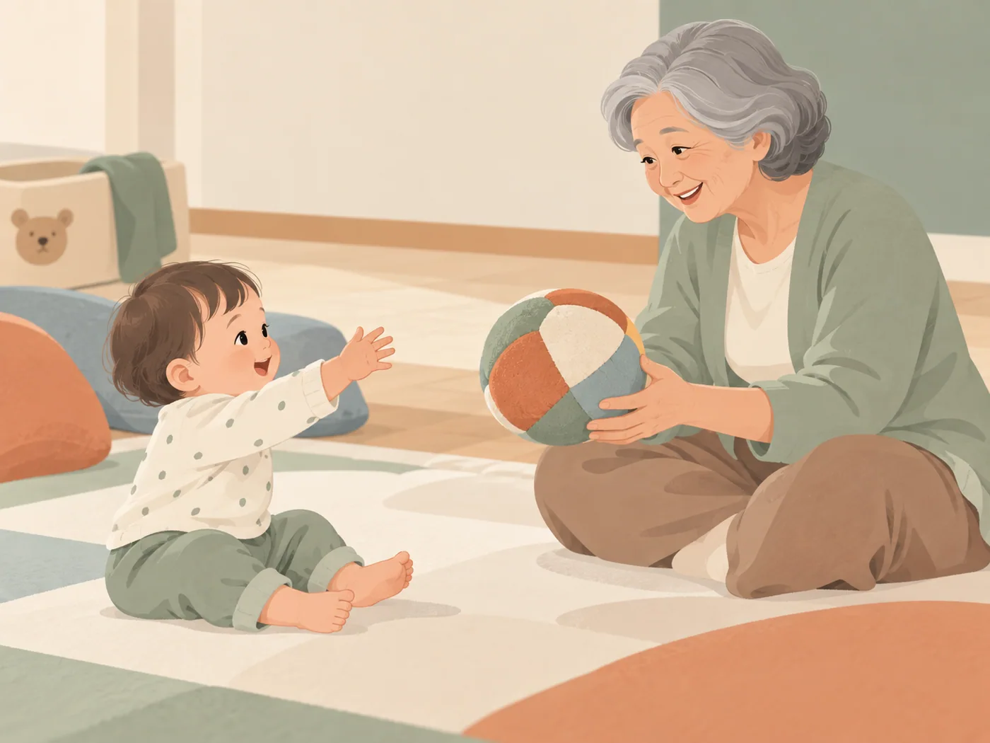 幼儿与灰发祖母面对面坐在地毯上,幼儿伸手看向软球,祖母拿着软球面向幼儿。