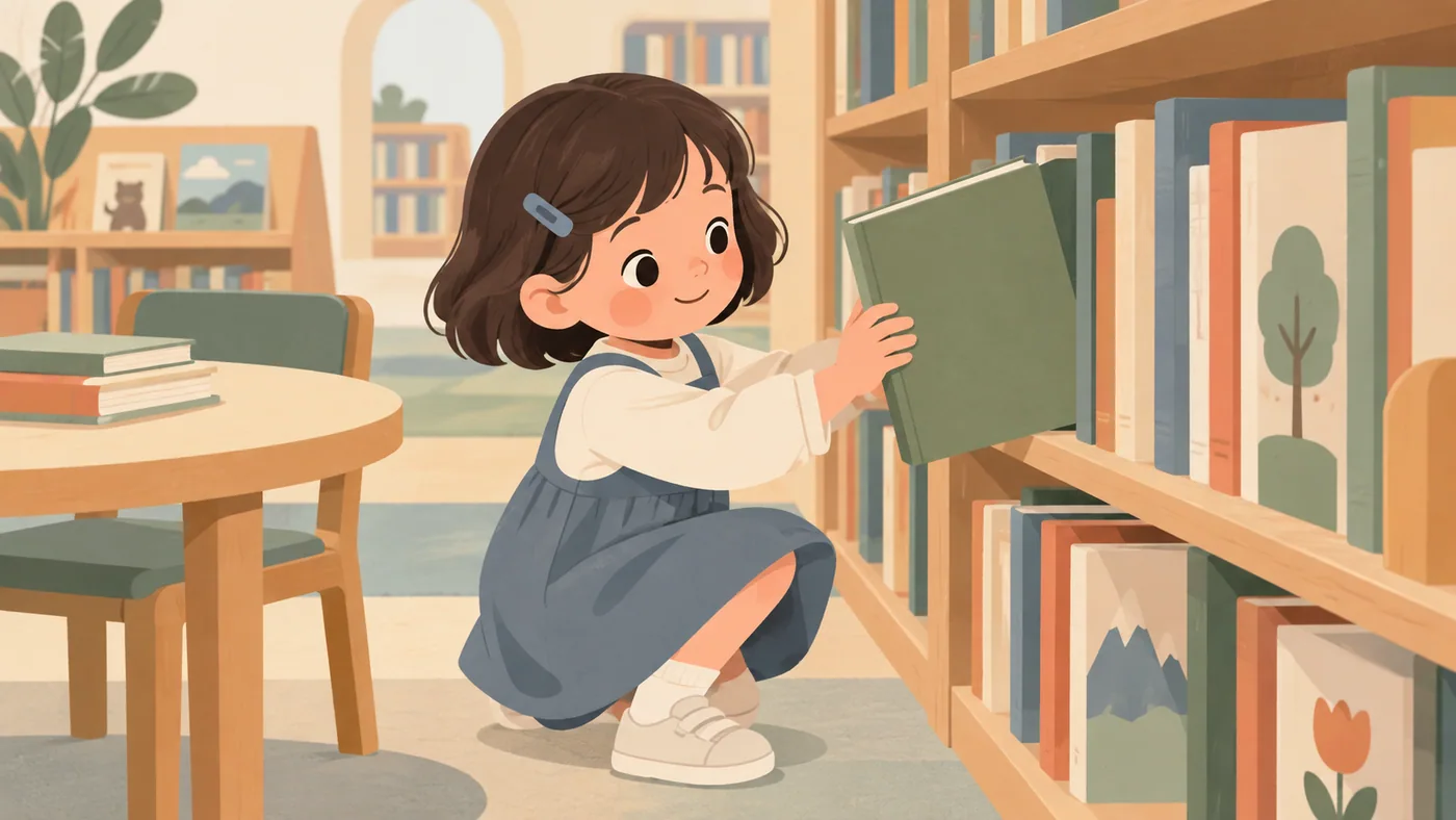 女孩从儿童可及的低书架取书
