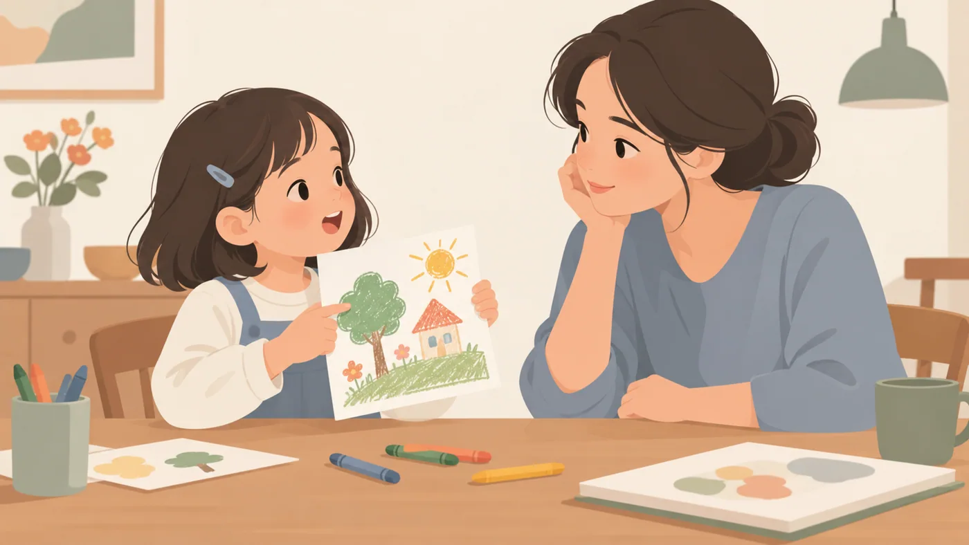 女孩展示图画并讲述，母亲微笑倾听，两人双手正常