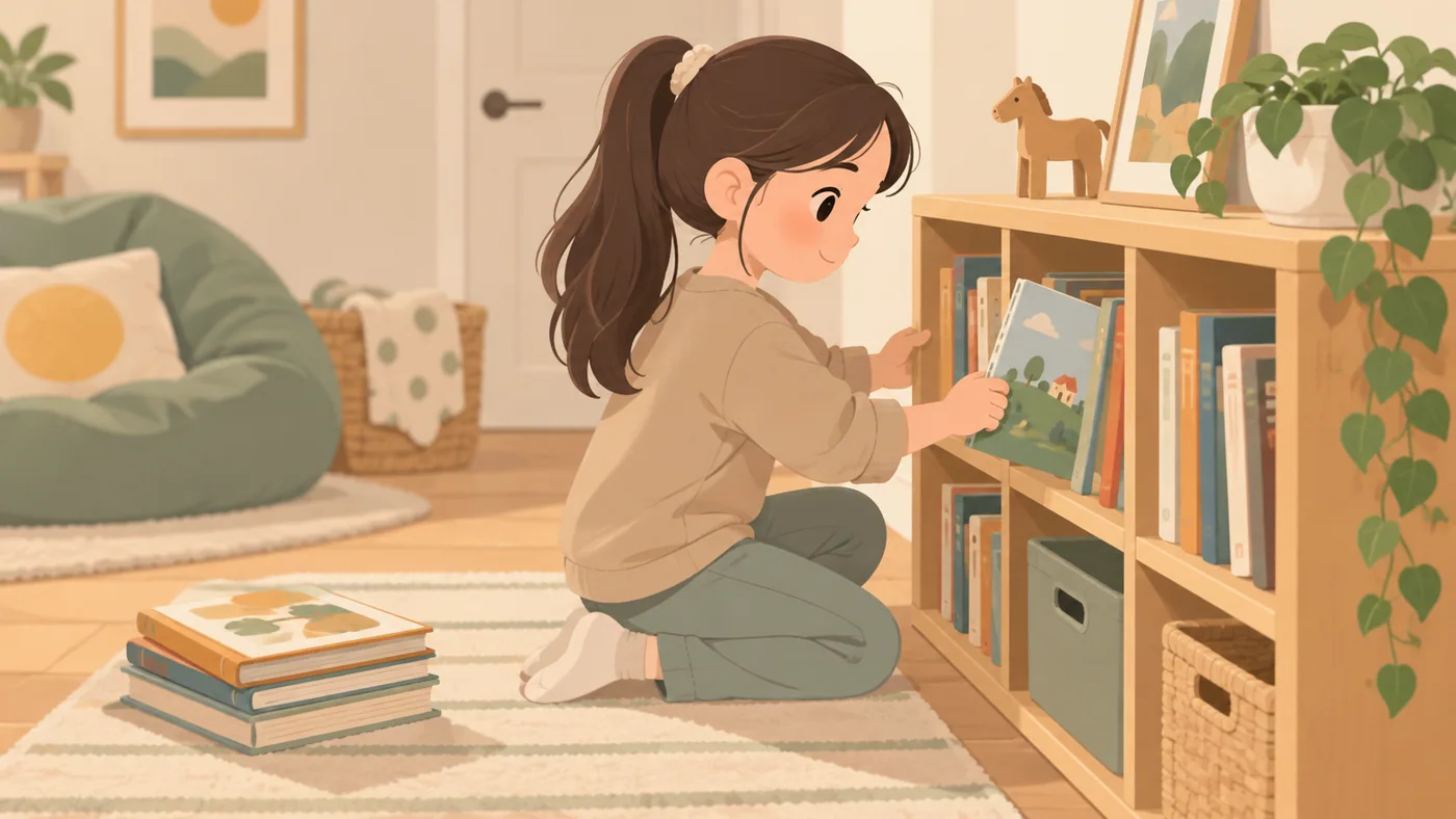 女孩跪坐在书架前把一本图画书放到书架中，旁边还有一摞书。