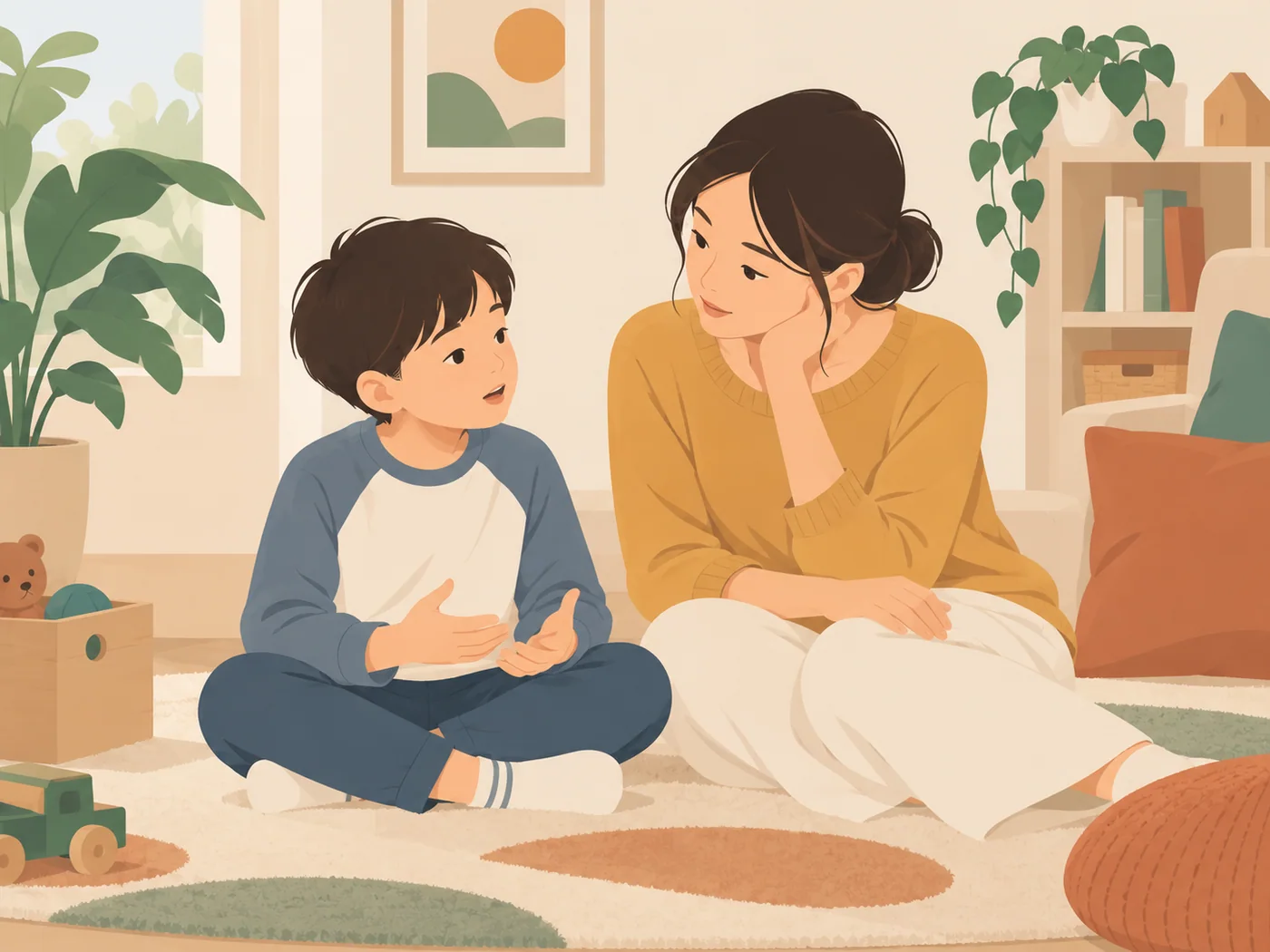 母子在地毯上平静交谈，男孩表达、母亲倾听