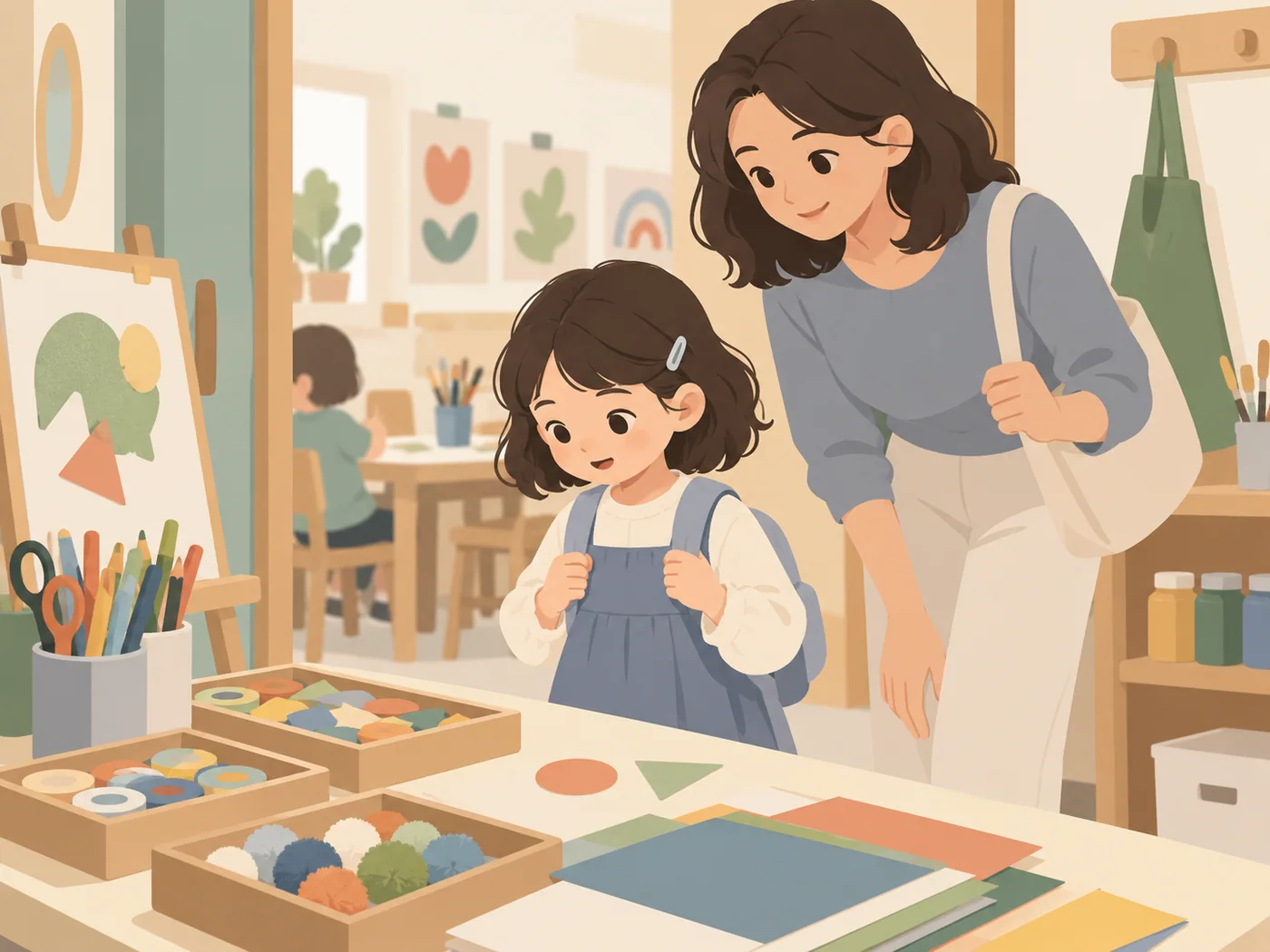 母亲陪女孩来到手工活动桌，材料与其他孩子在背景