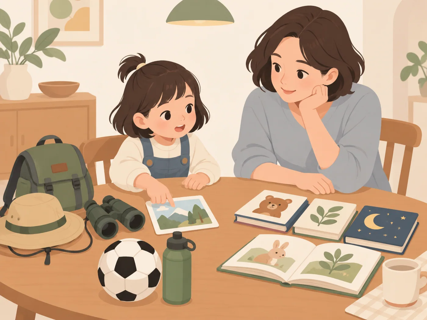 女孩指向出游图卡,与母亲商量活动,双方双手自然。