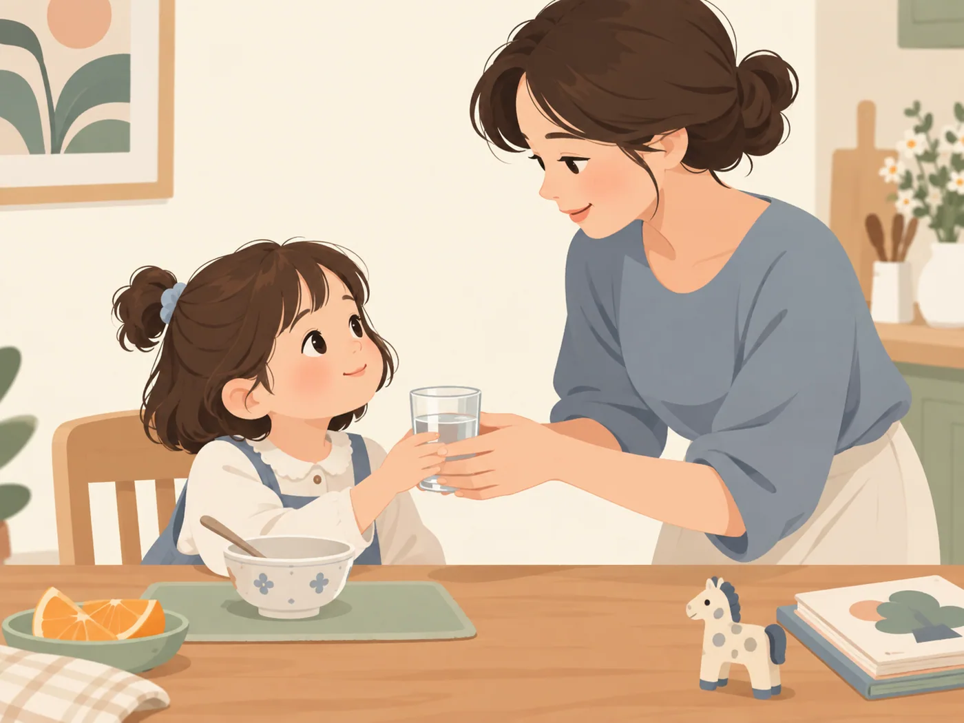 母亲给餐桌旁的女孩递水，女孩伸手接杯并与母亲对视