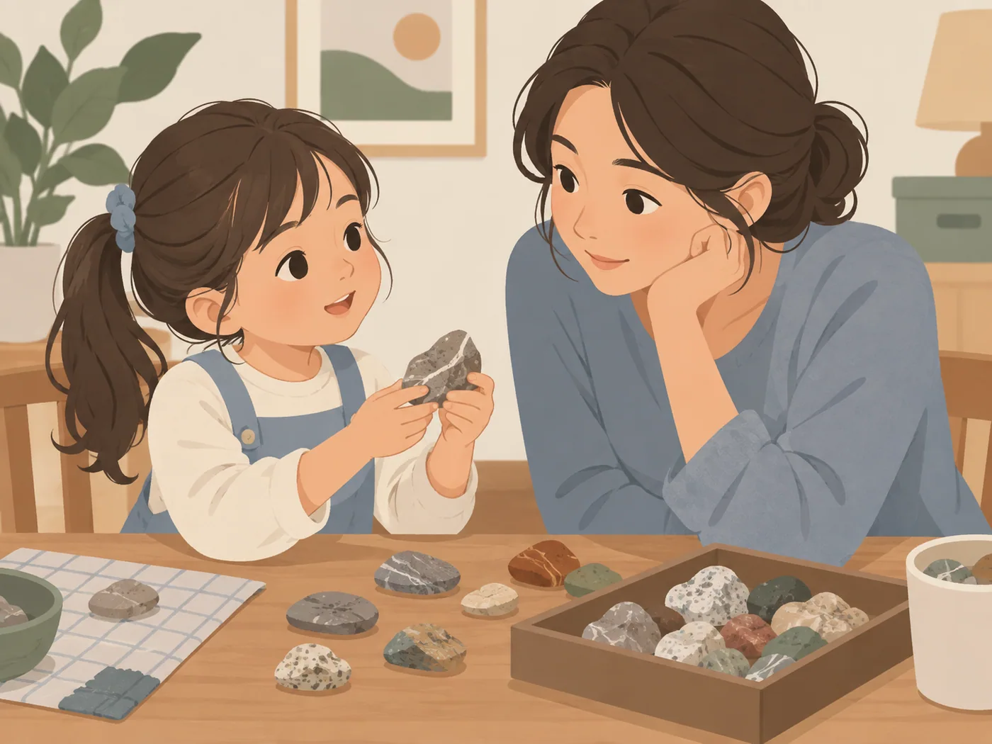幼龄女孩双手举着有纹路的石头向母亲介绍，母亲托腮倾听，桌上陈列多种石头。不能从画面判断母亲与孩子此前的兴趣差异。