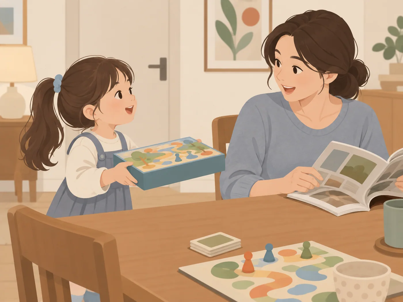 女孩端着桌游盒来到正在翻阅图册的母亲身旁，母亲转头回应，桌上有游戏棋盘和棋子。