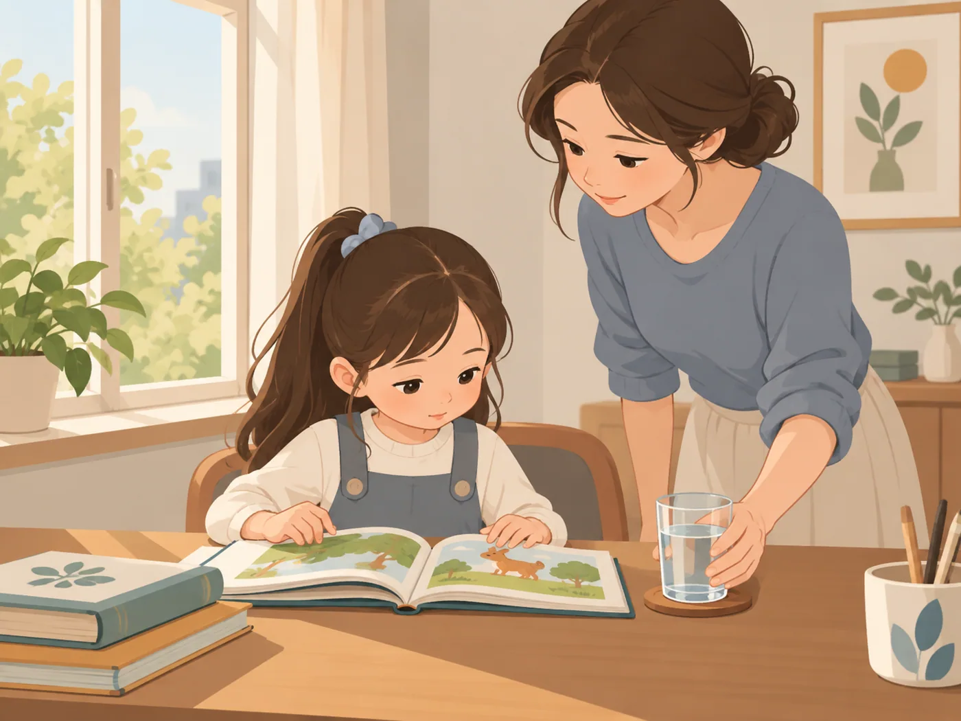 女孩在桌边看图画书,母亲在旁放下一杯水并关注她。