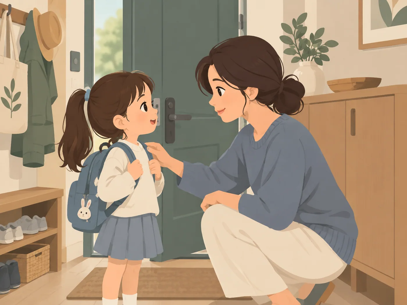 背着书包的女孩在门口与蹲下的母亲面对面交流，母亲一手轻扶孩子肩部。