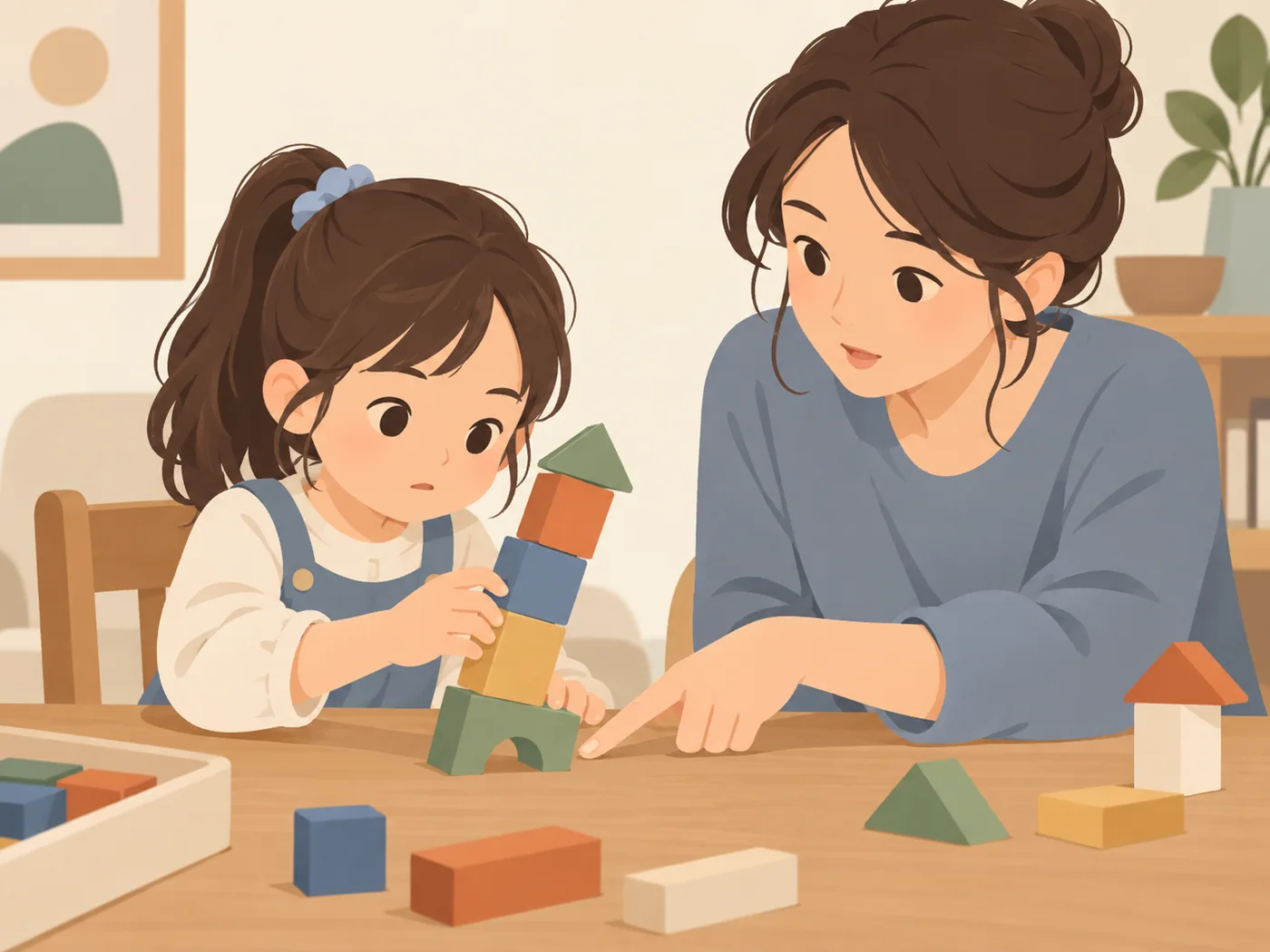 女孩扶着倾斜的积木塔,母亲在旁指向塔的底部,二人一起观察。
