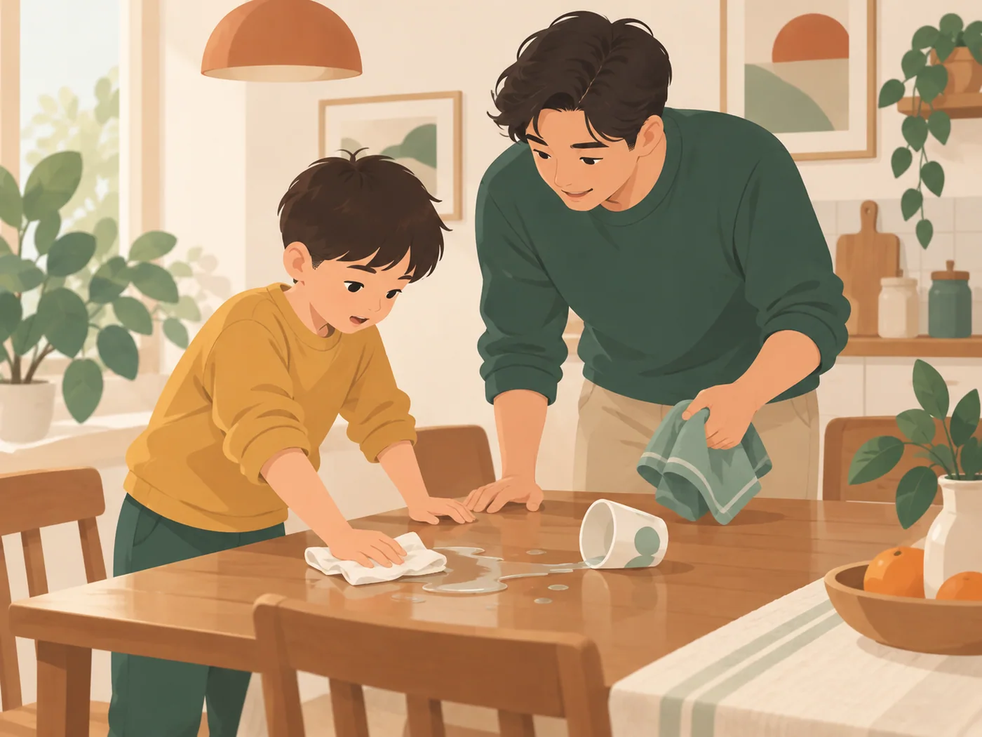 学龄男孩主动擦桌面洒水，父亲拿毛巾共同处理