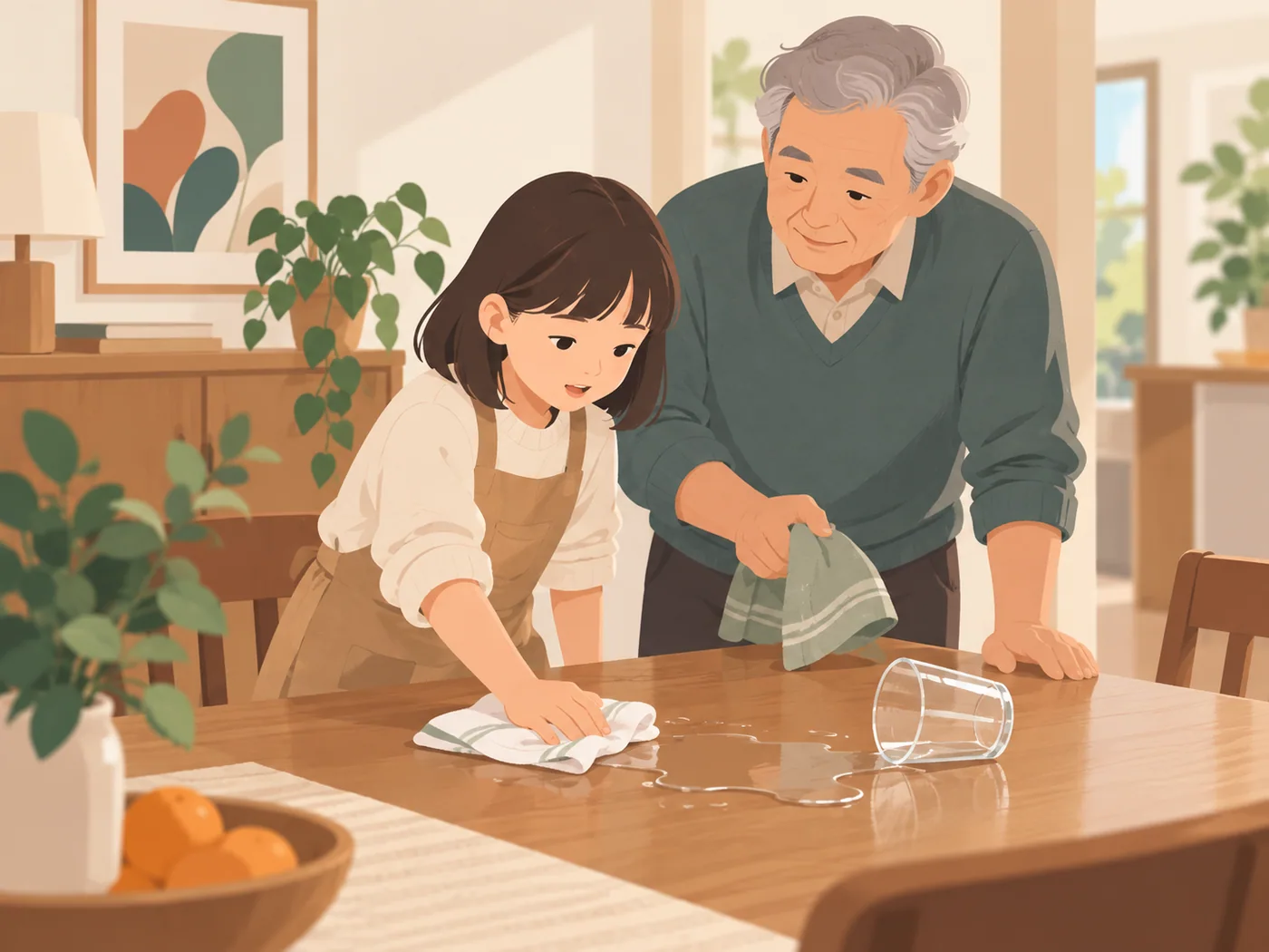 女孩和祖父共同擦拭桌上洒出的水，合作动作清楚自然。