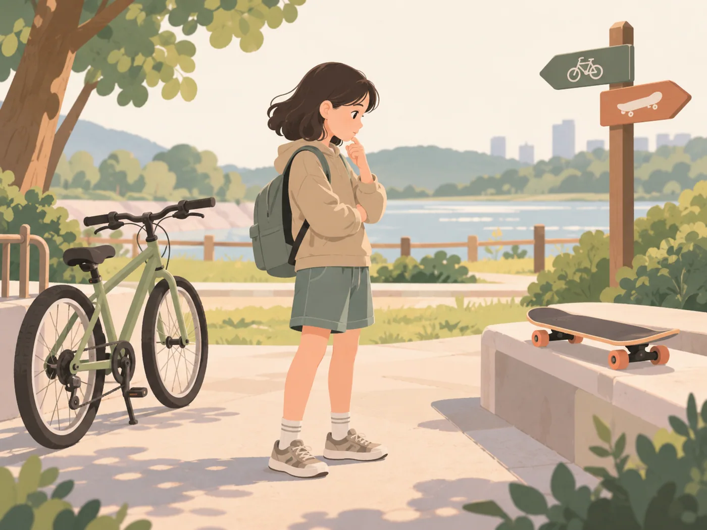 女孩在户外观察自行车和滑板选择