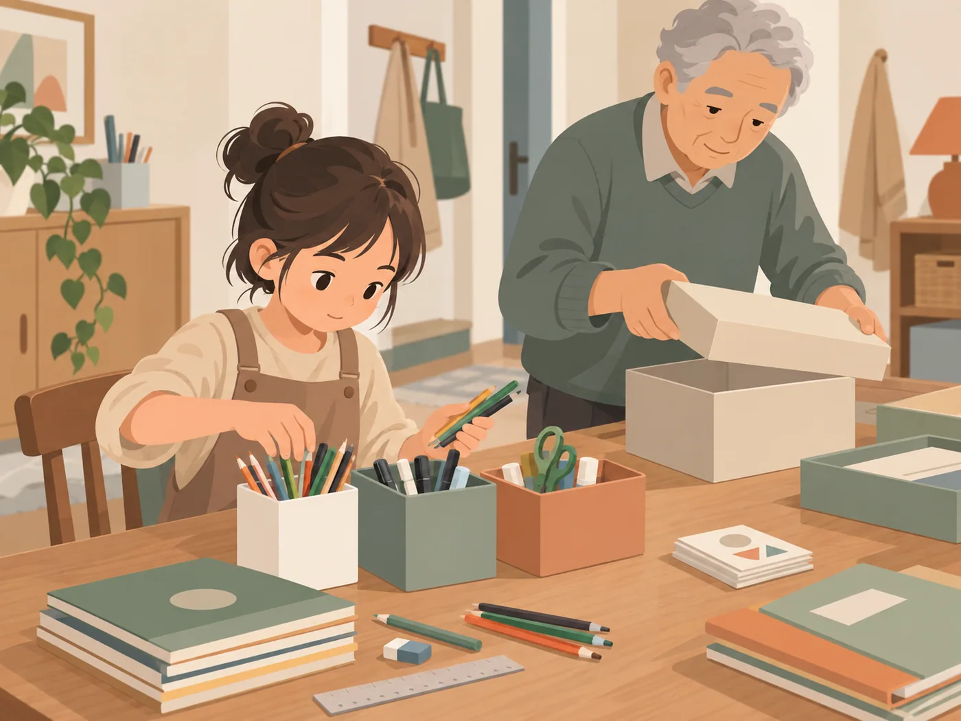 女孩和灰发祖父分别整理文具与收纳盒,具体合作动作清楚。