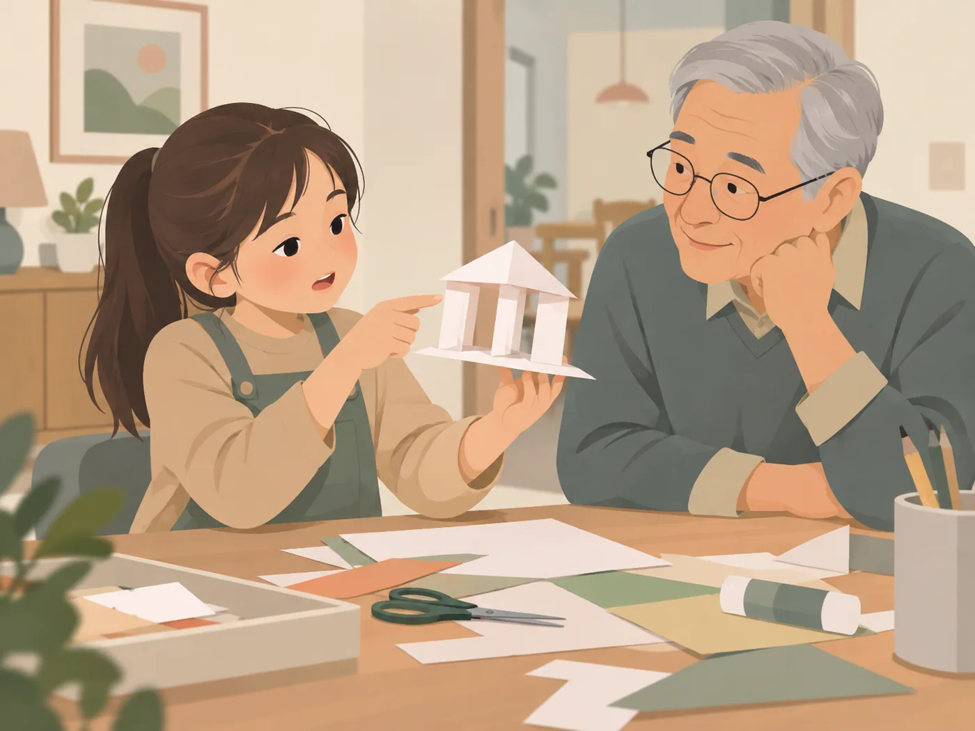 女孩拿着纸质建筑模型向祖父讲述并指向模型顶部，祖父在桌边倾听，桌上有纸片、剪刀和胶棒。