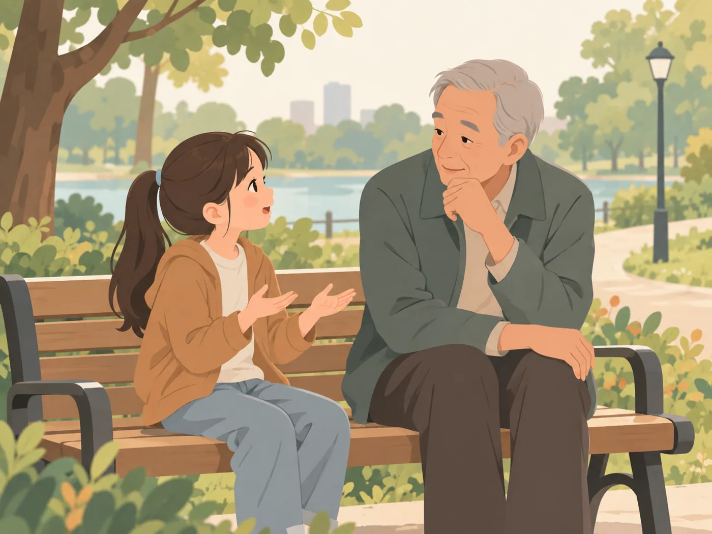 女孩与灰发祖父坐在公园长椅上交流,女孩张开双手讲述,祖父托腮倾听。