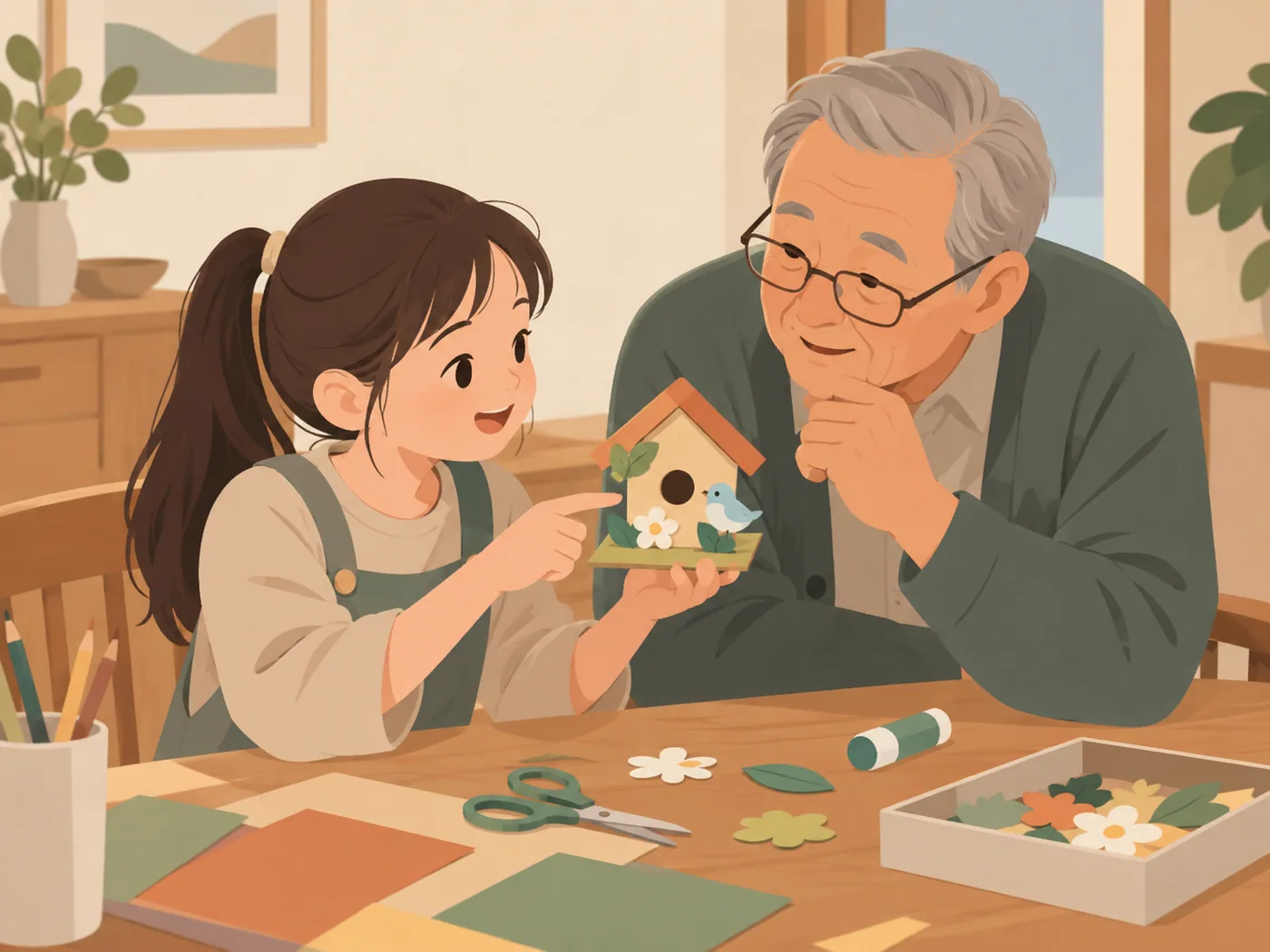 女孩向灰发年长男性展示带花朵和小鸟图案的房屋手工作品,并指向作品,对方托腮观看。
