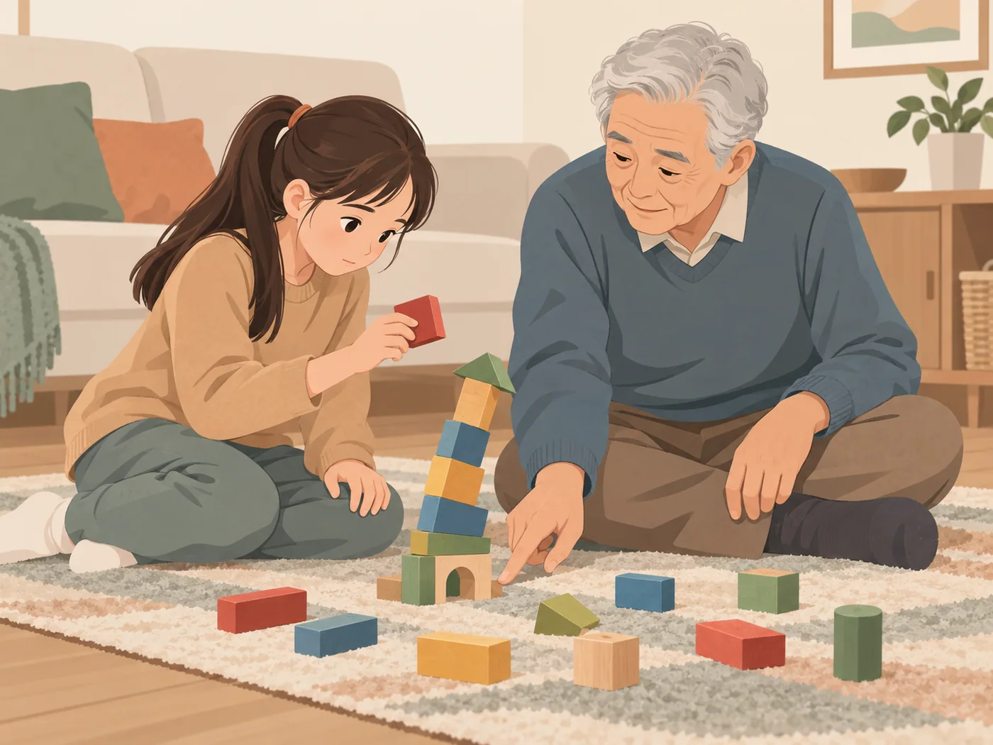 女孩一手拿红色积木、另一手放在膝上，灰发年长男性一手指向积木底部、另一手放在膝上。
