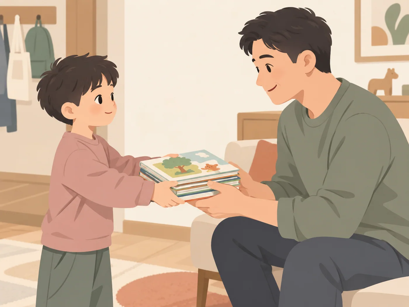 男孩递书，父亲认真接过