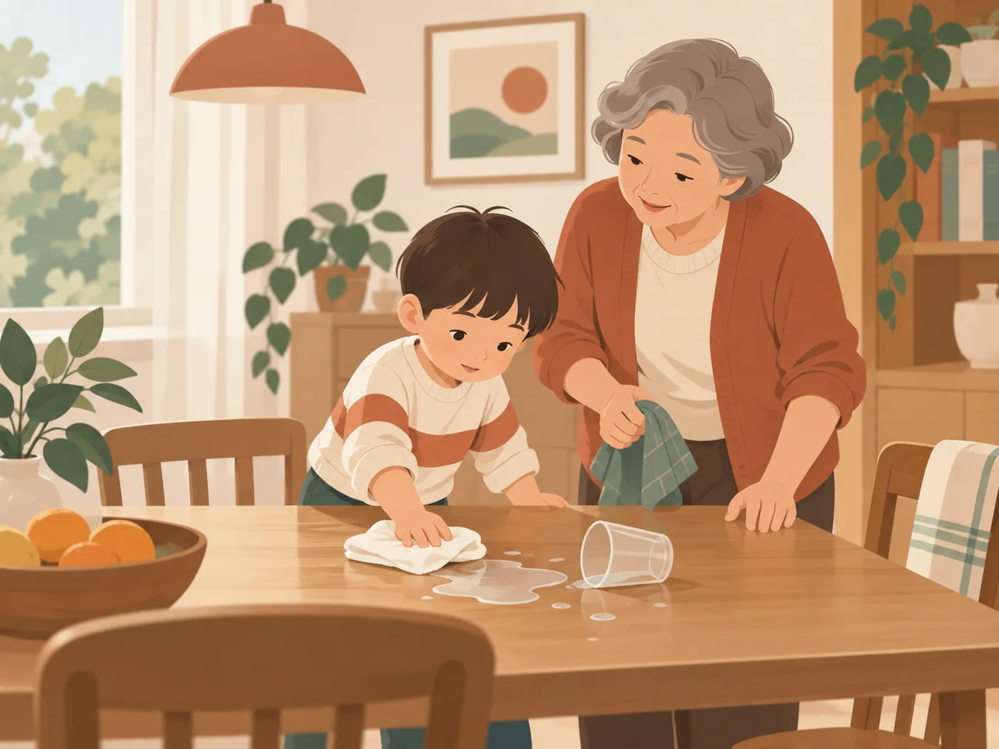祖母和男孩一起擦拭洒出的水,合作动作正确,无责备姿态。