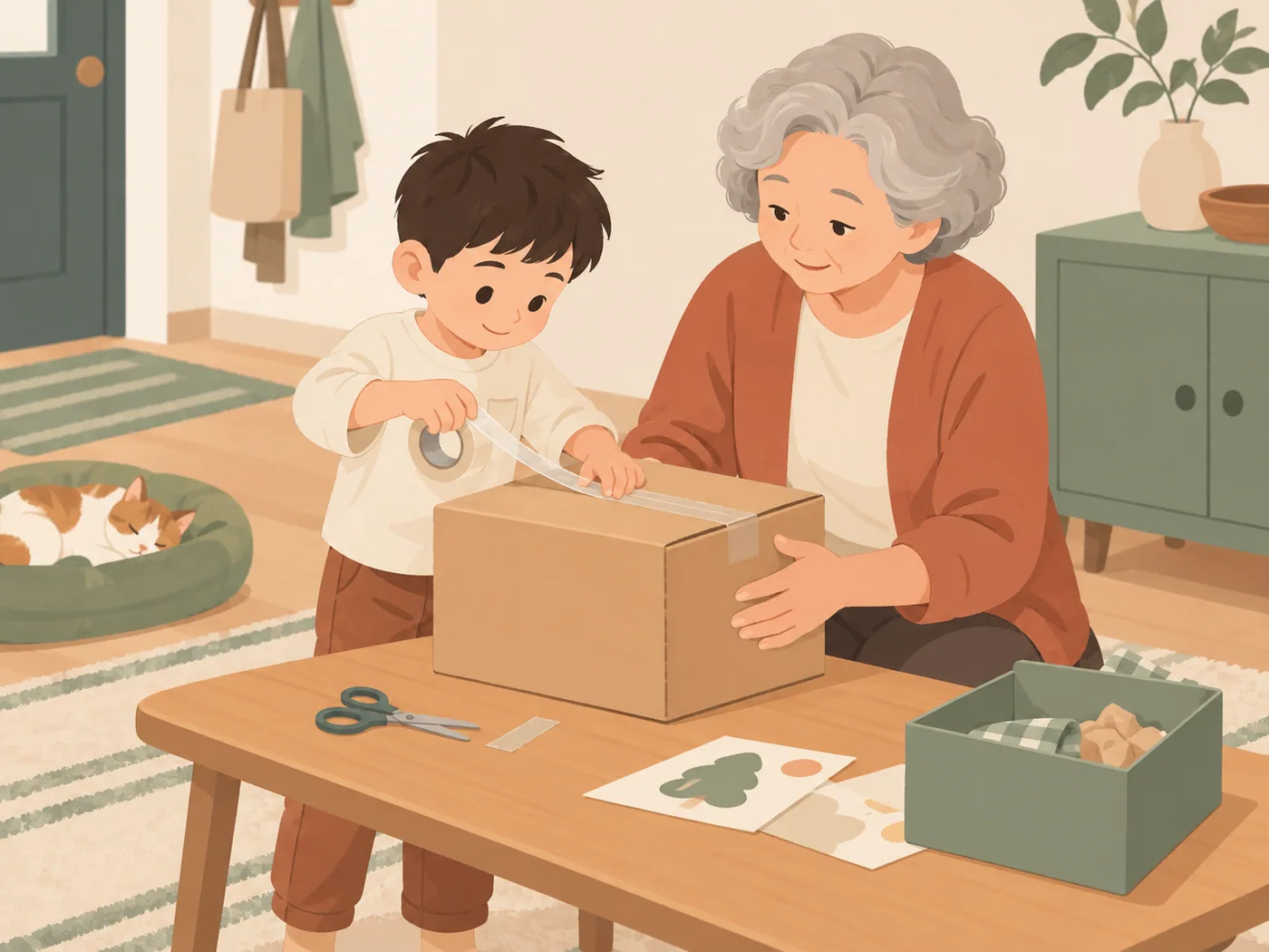 祖母扶箱、男孩贴胶带