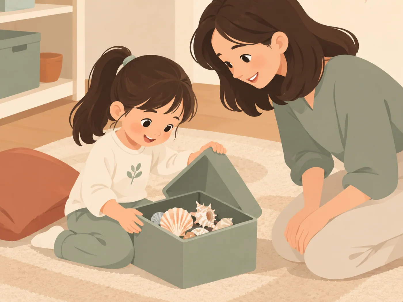 幼年女孩坐在地毯上打开装有贝壳的盒子，一只手扶盒盖，另一只手搭在盒沿