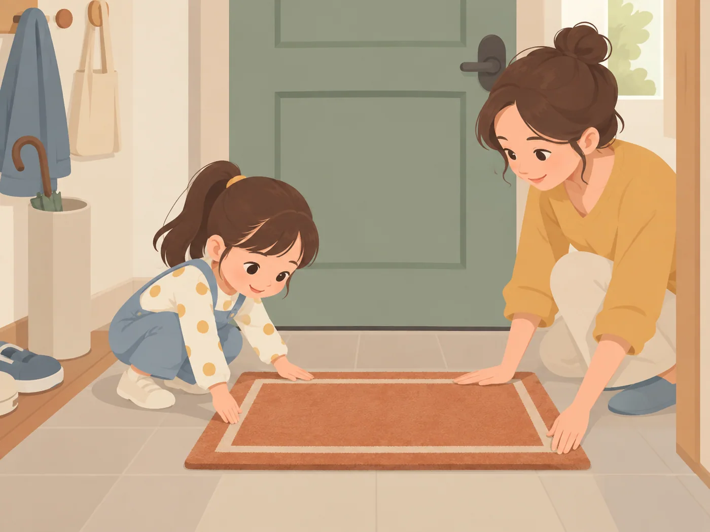 女孩与成年女性蹲在玄关，分别双手整理门前地垫