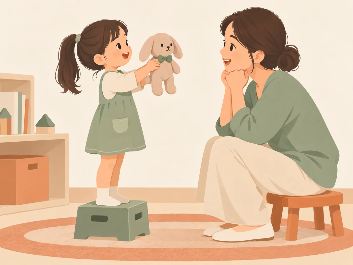 幼年女孩站在低凳上,双手举起兔子玩偶,成年女性坐在旁边双手托腮观看