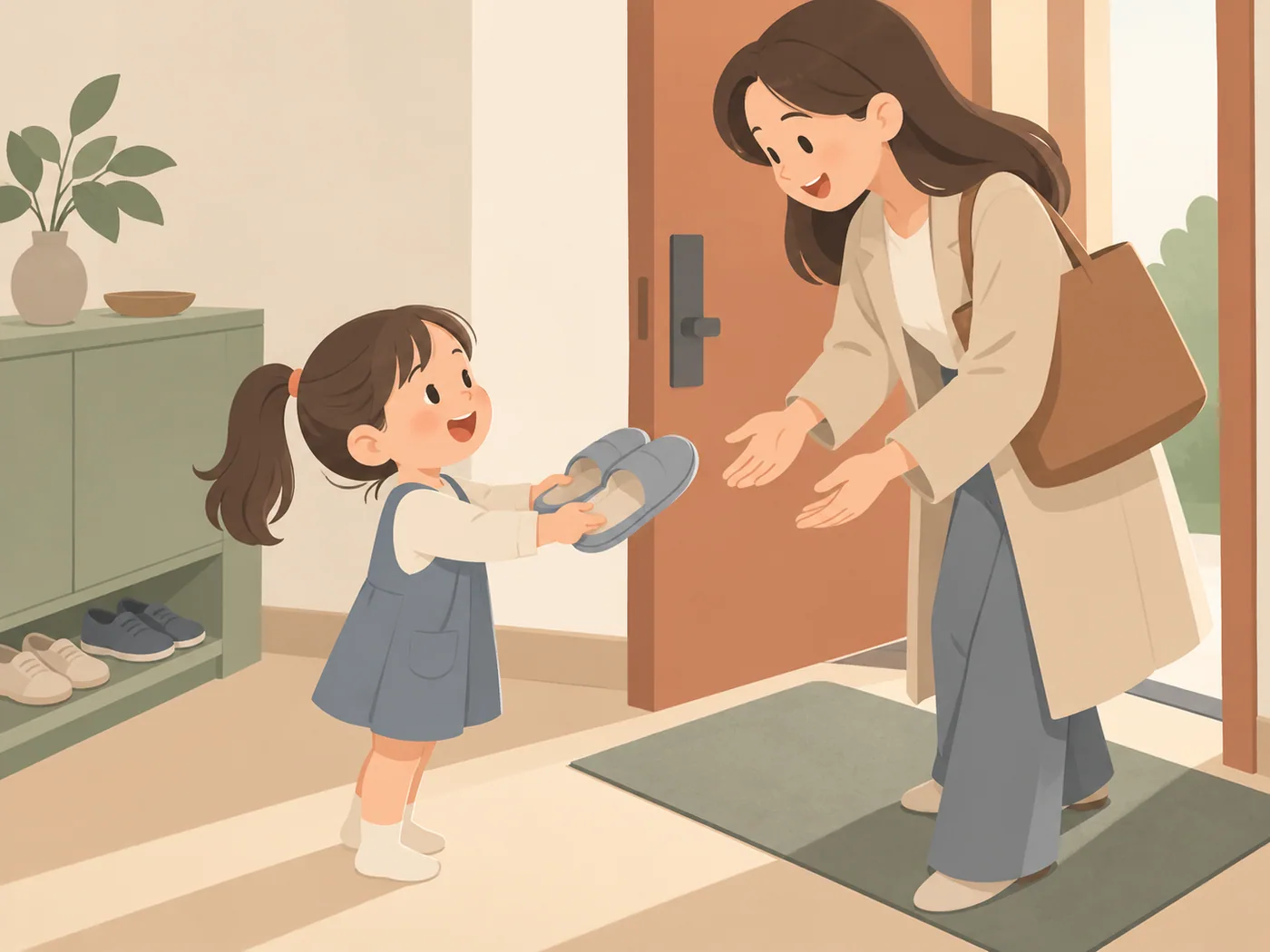 年幼女孩在门口双手举着拖鞋，成年女性伸手接取。