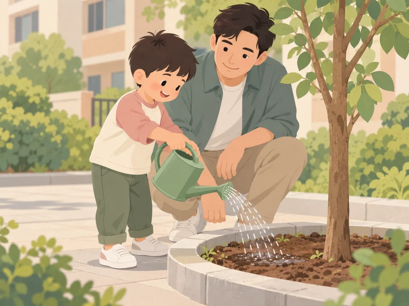 年幼男孩拿着浇水壶给树根旁浇水，成年男性蹲在旁边观看。