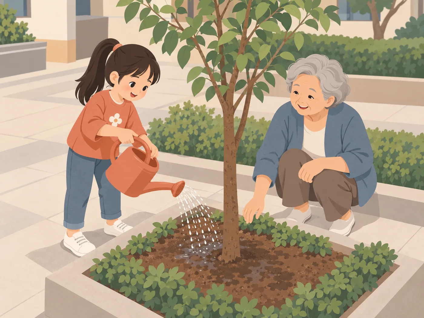 女孩在院子里双手拿洒水壶给树旁的种植区域浇水，灰发年长女性蹲在旁边，一手靠近植物、一手放在膝盖。