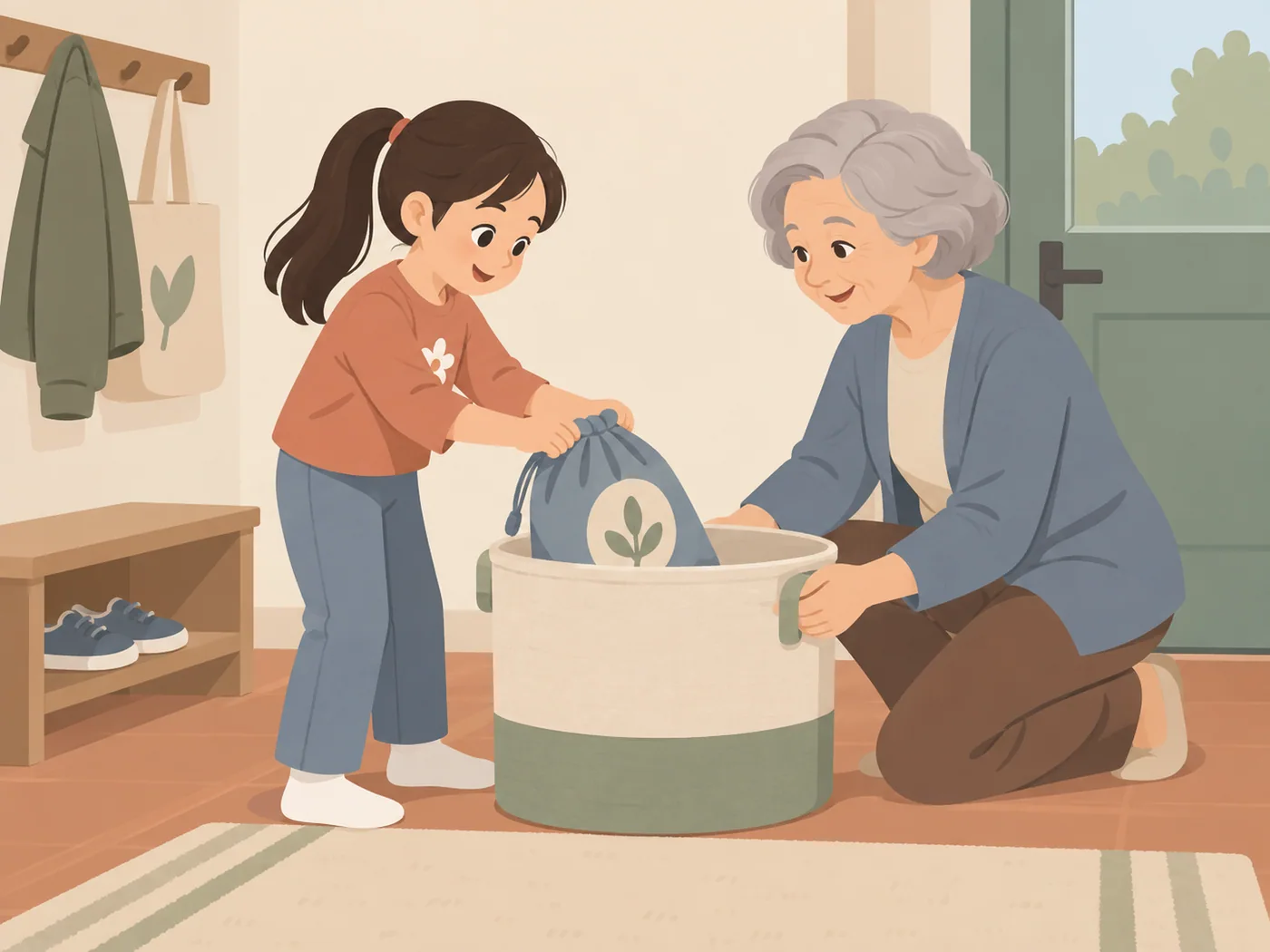 女孩在门口双手拿着蓝色布袋放进布篮,灰发年长女性跪在旁边用双手扶稳篮子。