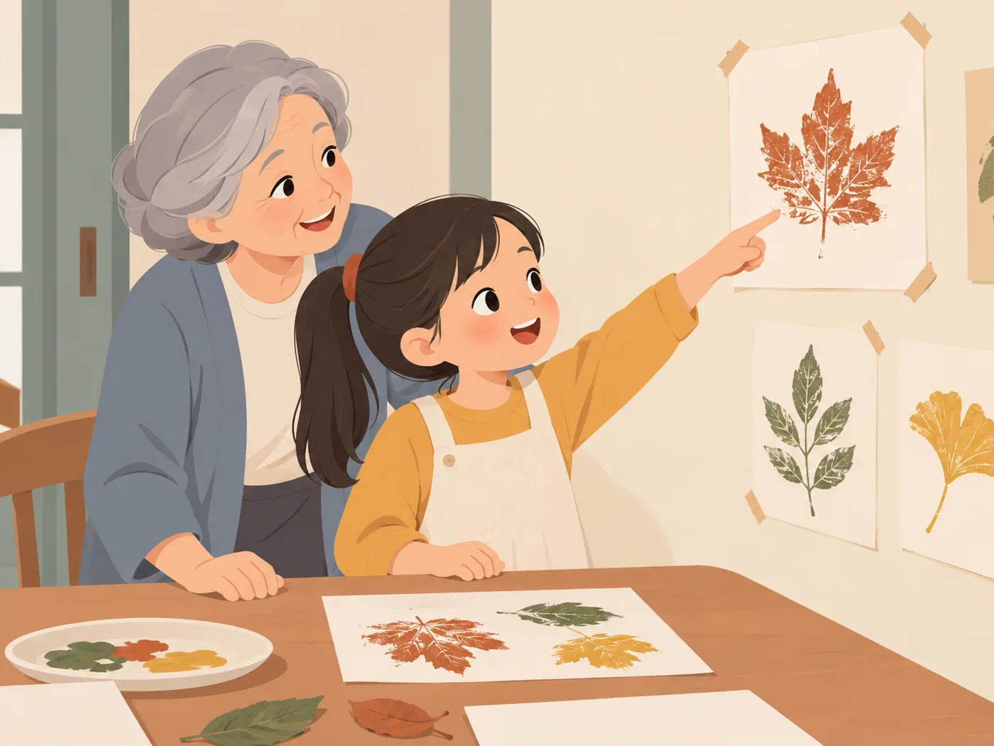 女孩一手指墙上叶片拓印,另一手放桌上,灰发年长女性一手放桌上,另一手被女孩自然遮挡,桌上有颜料盘与叶片。