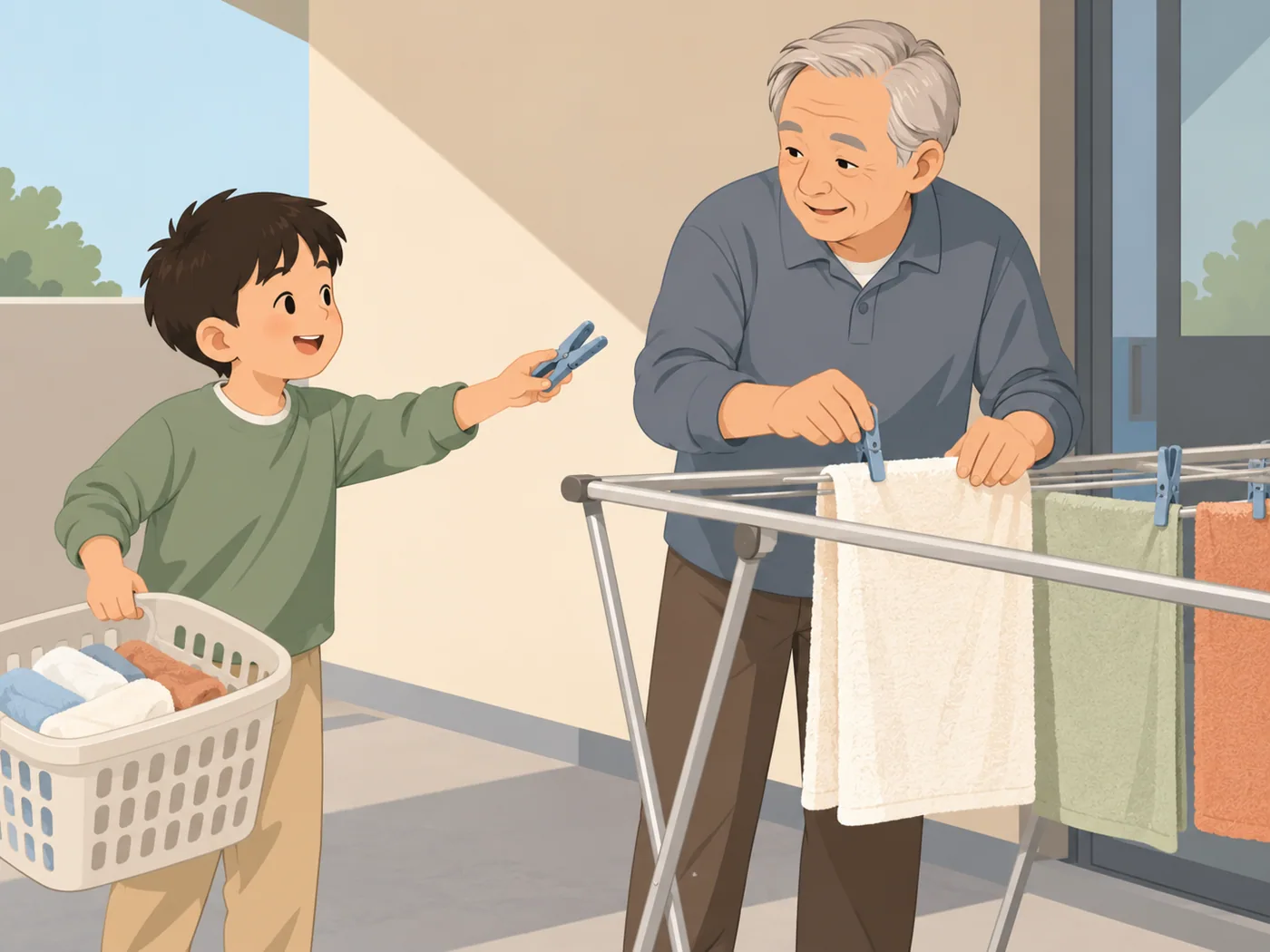 男孩一手拿洗衣篮、另一手递晾衣夹，灰发年长男性一手夹毛巾、另一手扶毛巾，两人在阳台晾衣架旁。