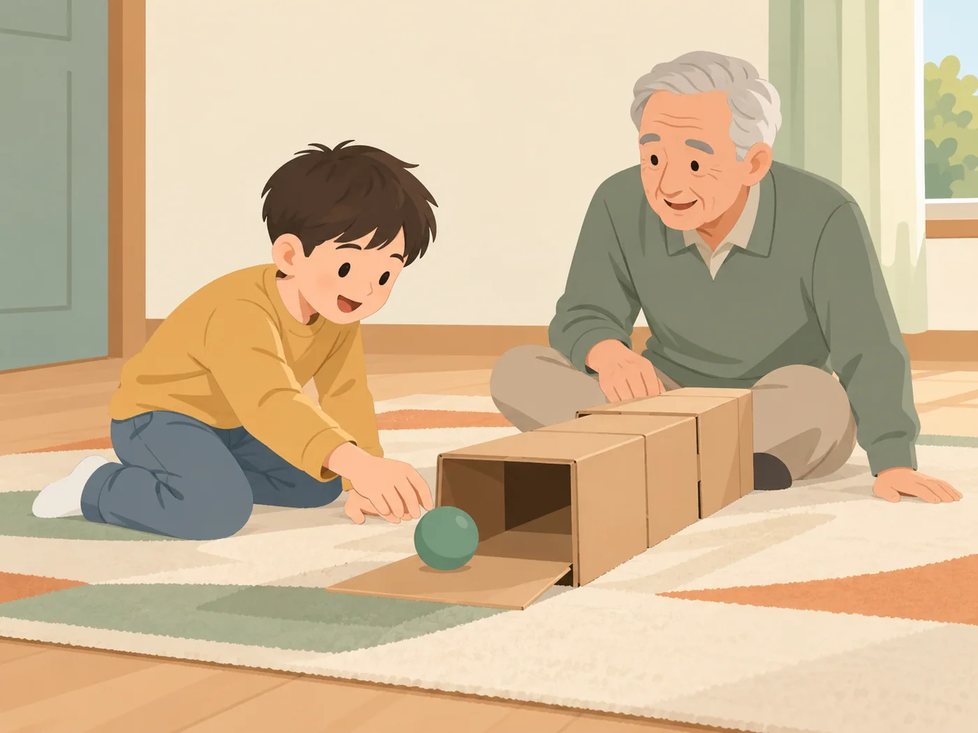 男孩跪在地毯上,两手靠近纸箱隧道入口与小球,灰发年长男性坐在旁边一手扶纸箱、另一手撑地观看。