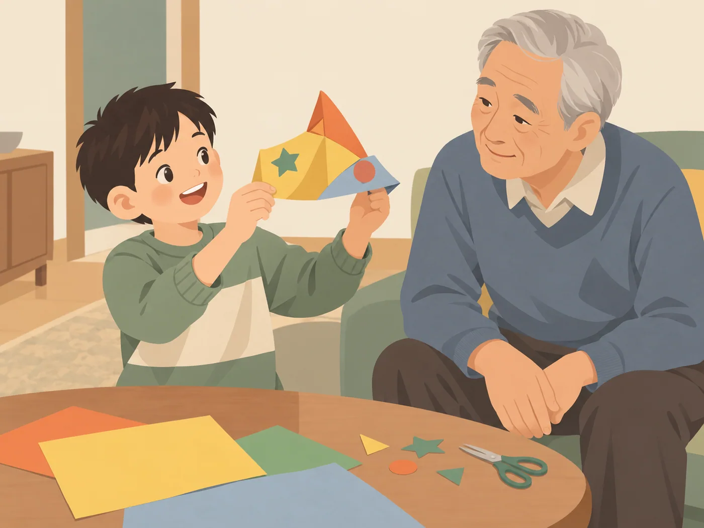 男孩双手举着由彩纸折叠并装饰星形、圆形图案的纸帽，灰发年长男性坐在旁边，双手交叠在腿上看着纸帽