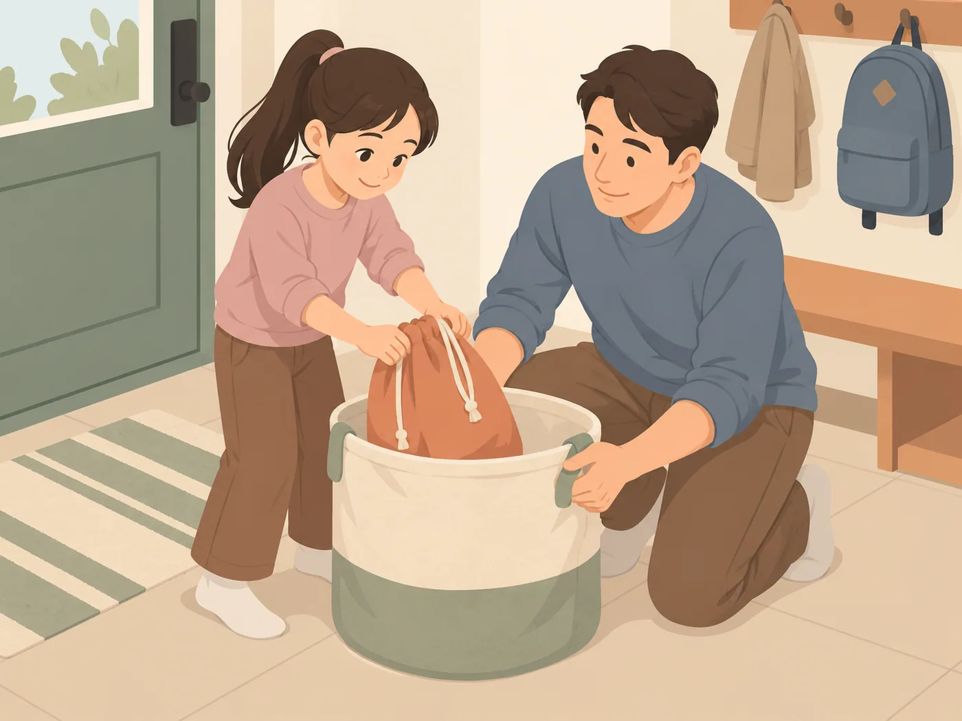 女孩把橙色束口袋放入收纳筐，成年男性蹲在旁边双手扶筐，后方挂有书包与外套。
