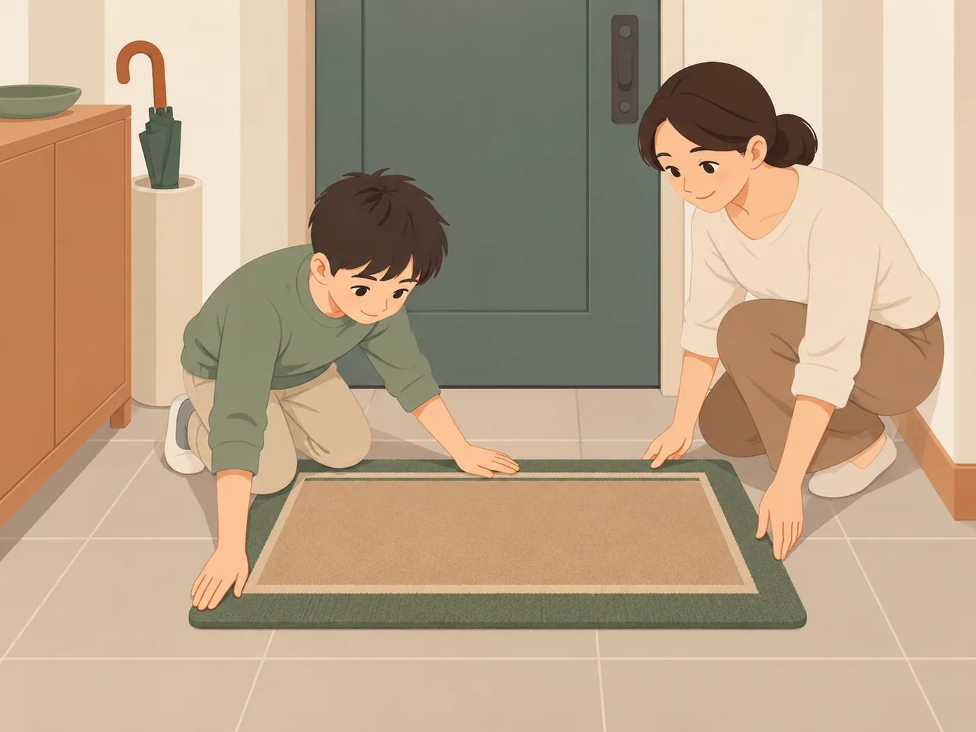 男孩与成年女子跪在玄关地面上，双手按住地垫的两端将其铺平。