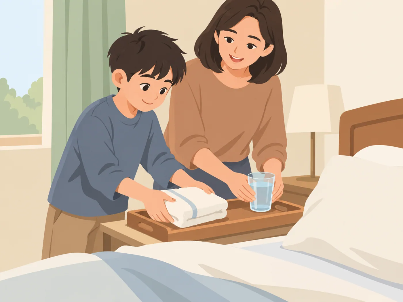男孩与成年女子在床边把折好的毛巾和一杯水放到托盘中。