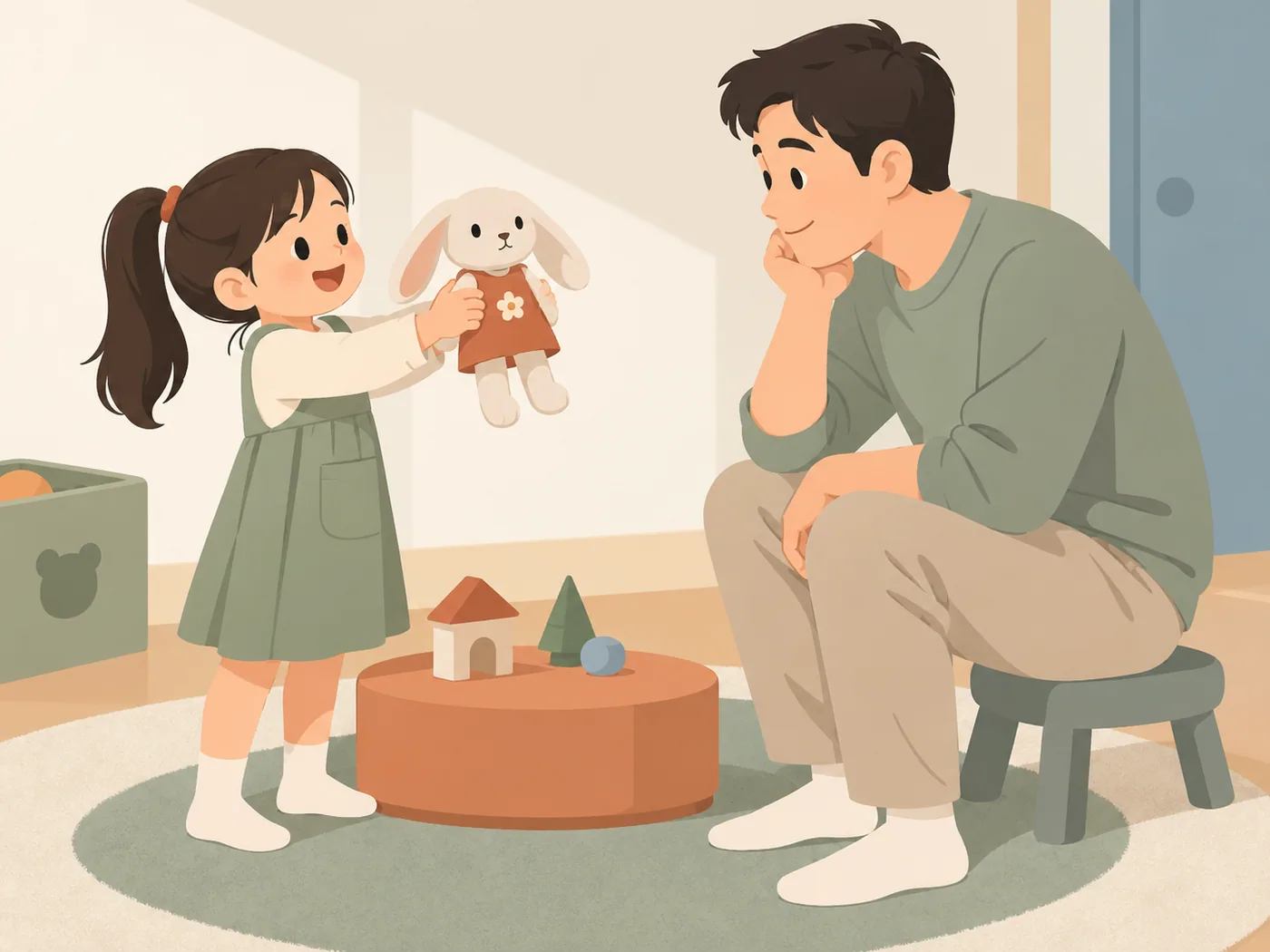 女孩举起兔子玩偶展示给坐在矮凳上的成年男性。