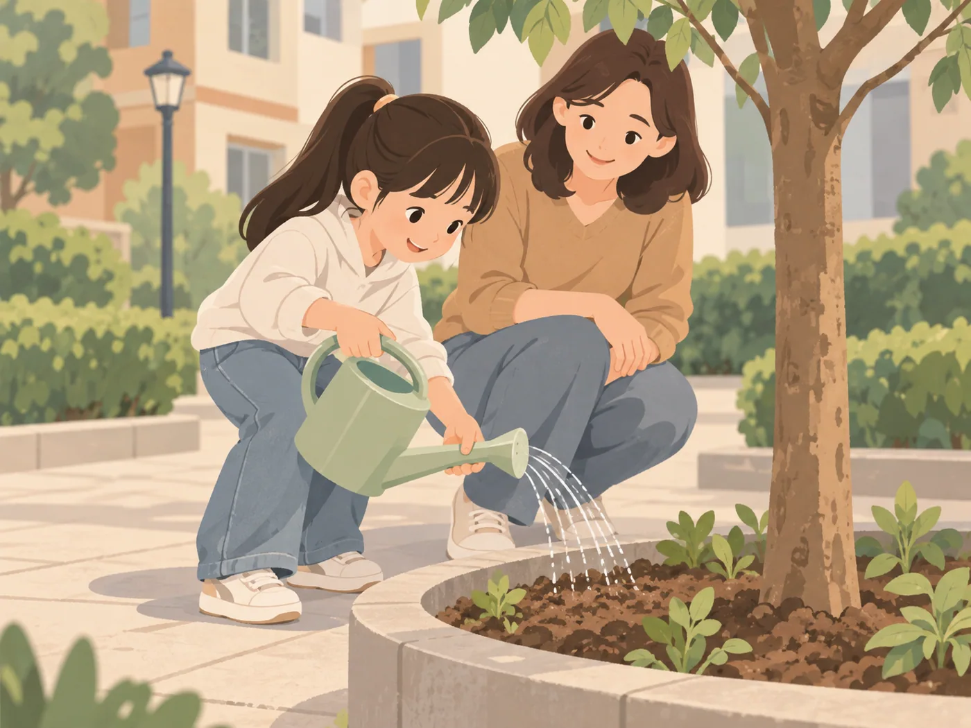 女孩在母亲陪伴下给社区树盆浇水,双手支撑水壶,母亲在旁观察。