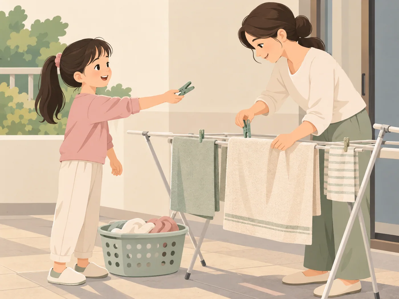 女孩向母亲递衣夹,母亲在阳台晾衣架上夹好毛巾,身旁有衣物篮。
