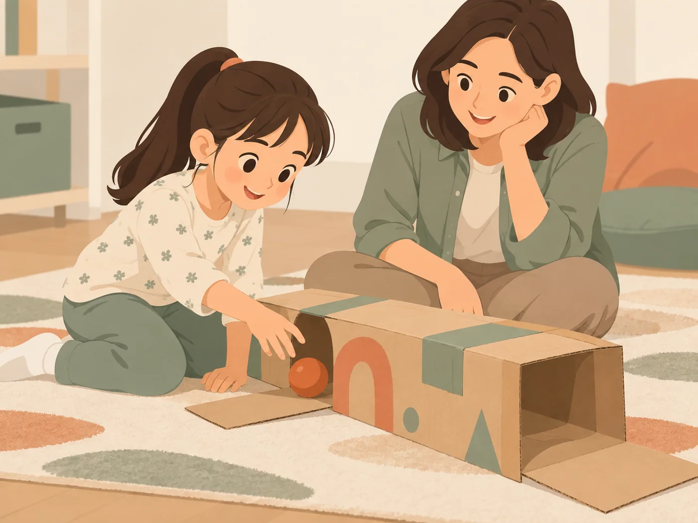 女孩在地毯上把小球放到纸板隧道入口,母亲坐在旁边关注她的活动。