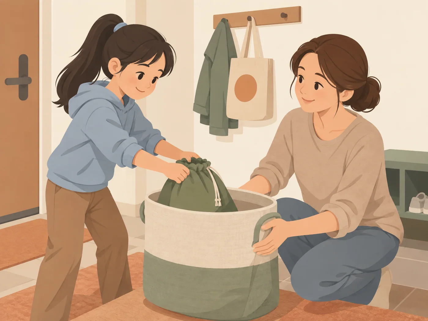 女孩把抽绳袋放进门口的收纳篮，母亲蹲在旁边扶着篮子。