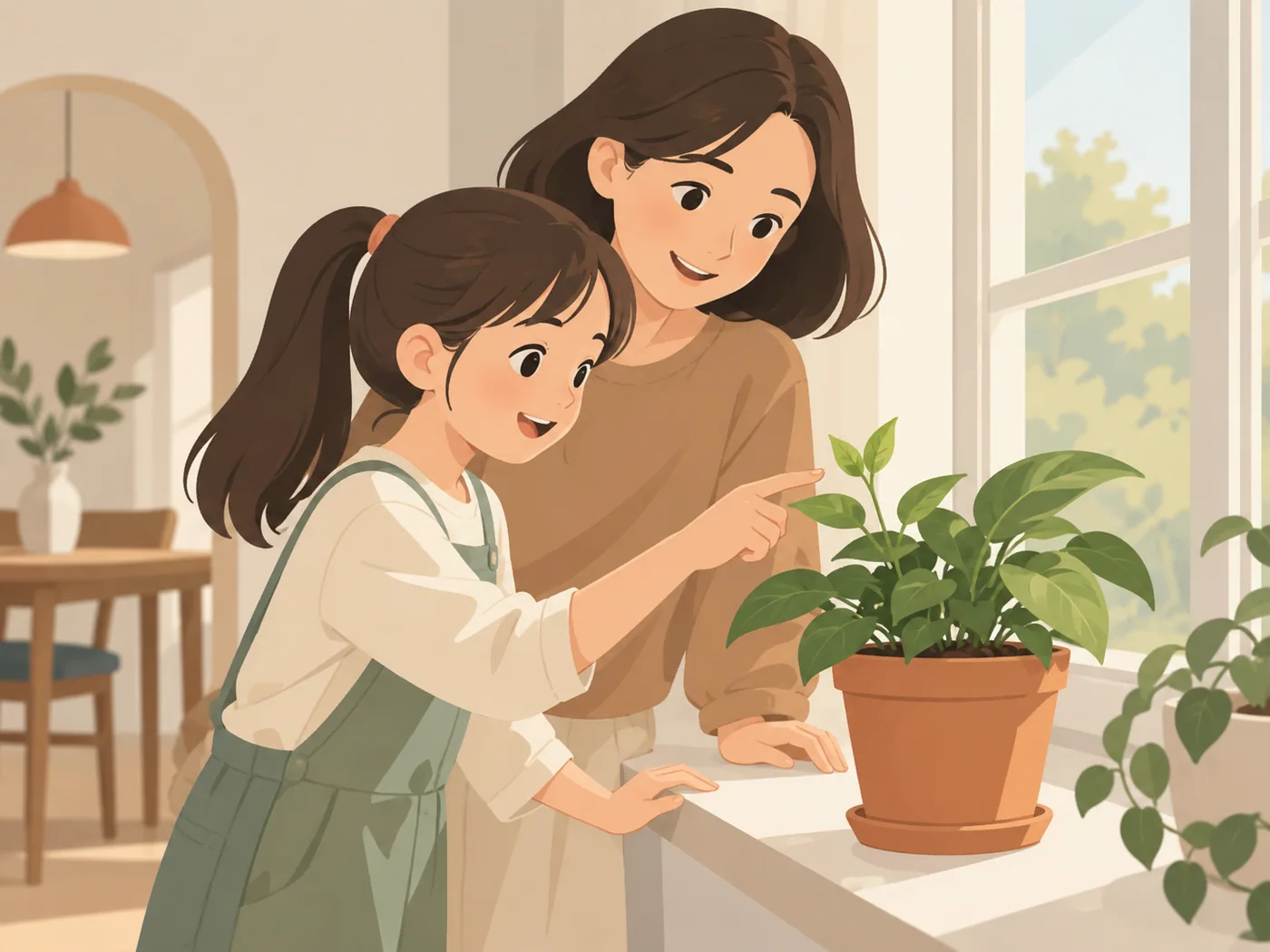 女孩在窗边指向盆栽叶片,成年女性在旁共同观看。