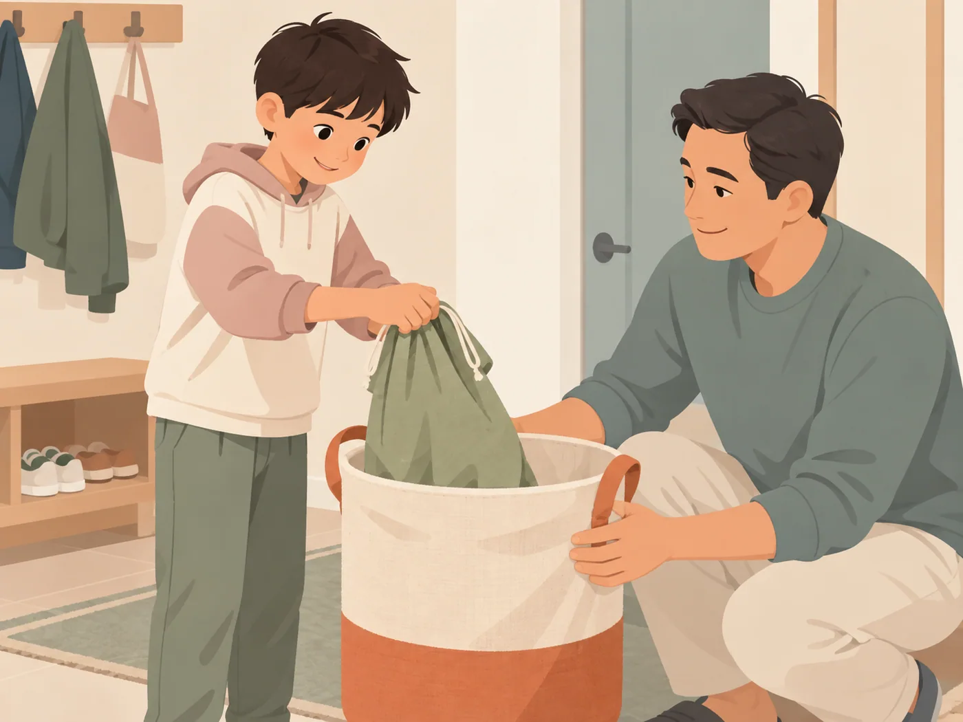 父亲蹲在玄关扶住收纳篮，男孩把绿色抽绳袋放入篮内，旁边有鞋架和挂钩。