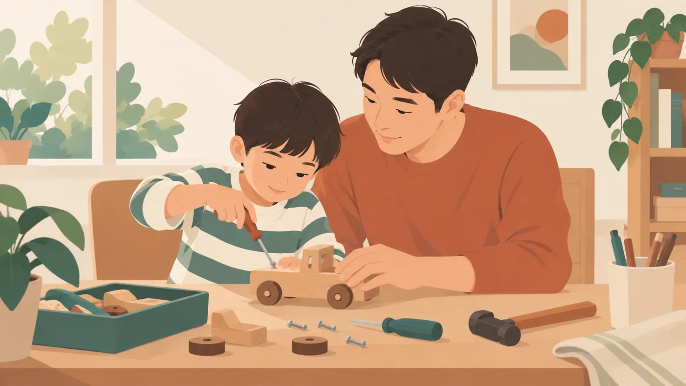 父子修玩具单幅，孩子操作螺丝刀、父亲扶稳