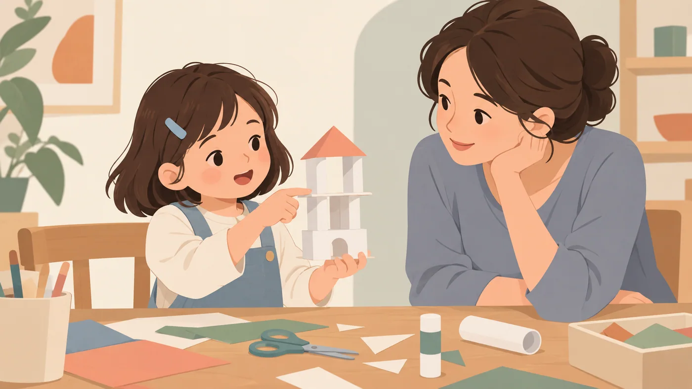 女孩展示纸模型,母亲专心观察,动作自然。